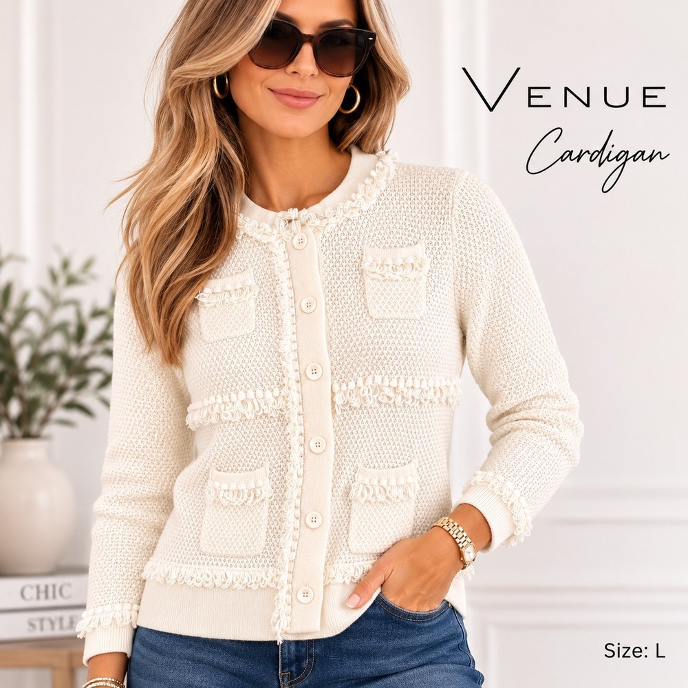 Venue Cardigan Sweater Womens L Ivory Textured Knit Button Front Jacket Fringe